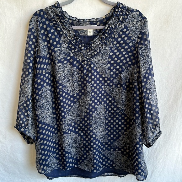 Coldwater Creek navy and gray ruffled V-neck blouse, size 1X - Picture 1 of 9